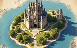 Illustratie van een gedetailleerde schets van een themaparkgebied met een kasteel en groenvoorziening.