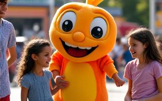 Blije families die lachen en zwaaien naar een themaparkmascotte, genomen vanuit een laag perspectief.