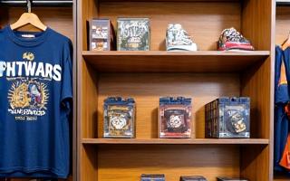 Een display in een themaparkwinkel met felgekleurde, unieke merchandise, zacht verlicht.