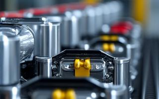Een close-up van complexe, glanzende stalen onderdelen van een achtbaanmechanisme in een fabriekshal.