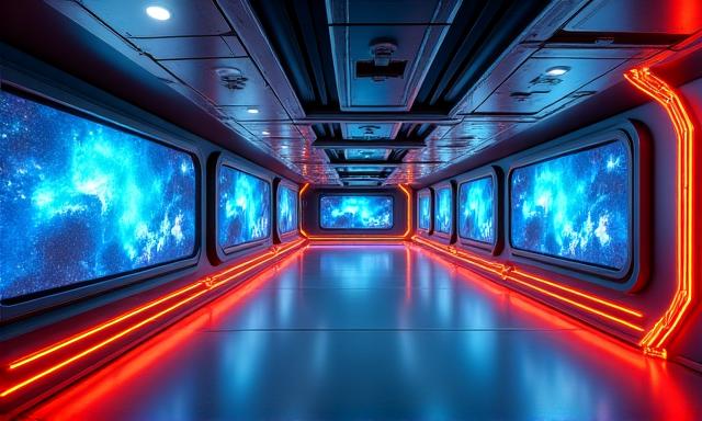 Interieurbeeld van een futuristisch science fiction attractiestation.