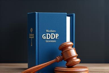 Illustratie van een wetsboek en een hamer, symbool voor wettelijke naleving en privacy.