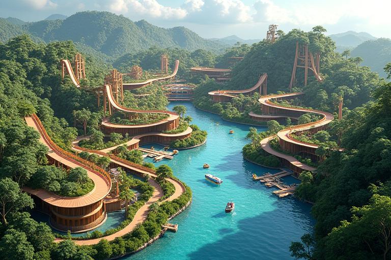 Overzicht van pretpark Ecotopia met duurzame thematisering en grote vegetatie.