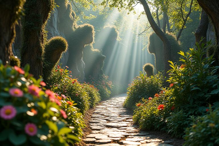 Gedetailleerde foto van weelderige, fantasy-geïnspireerde parklandschappen en paden.