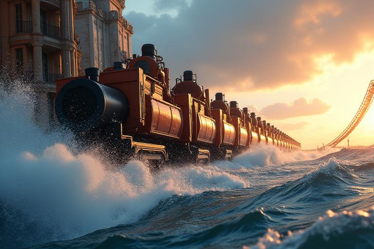 Dynamische foto van een moderne, op de zeevaart geïnspireerde lanceerachtbaan.